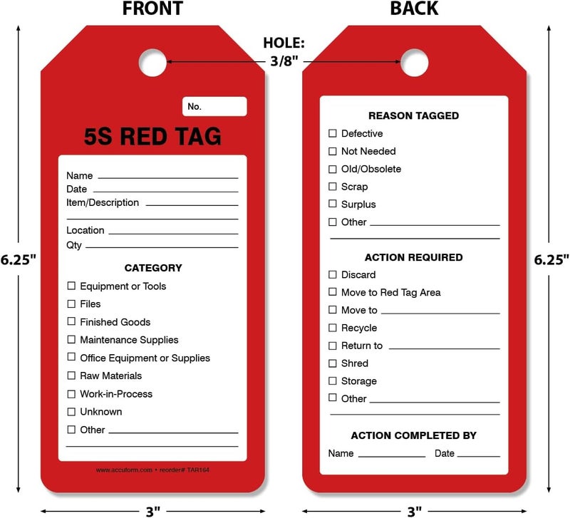 NMC AccuformNMC 250 Tags by-The-Roll, 5S Red Tag, US Made OSHA Compliant Tags, Waterproof PF-Cardstock, Resists Tears, 6.25"x3", TAR164 - Image 2